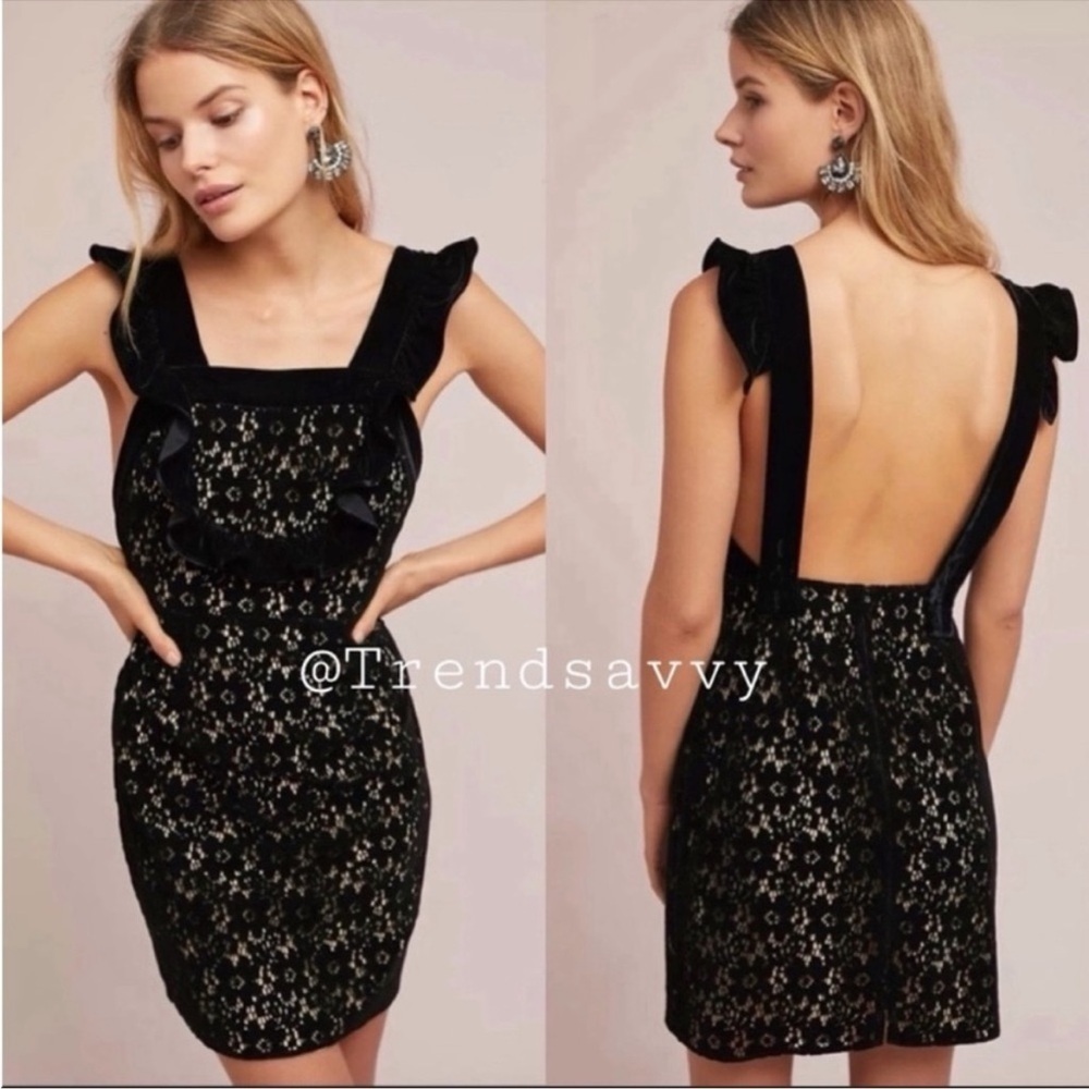 Anthropologie Nightcap Velvet Lace Mini Dress Black Open Back Ruffle Small NWT